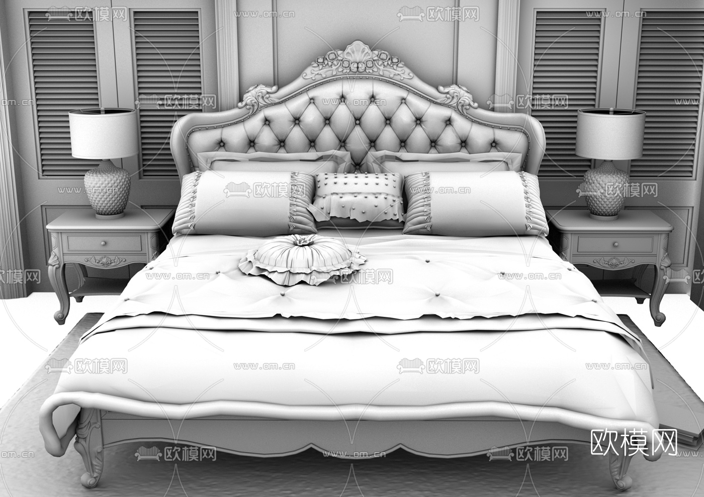 美式实木雕花双人床3d模型下载（渲染图1）