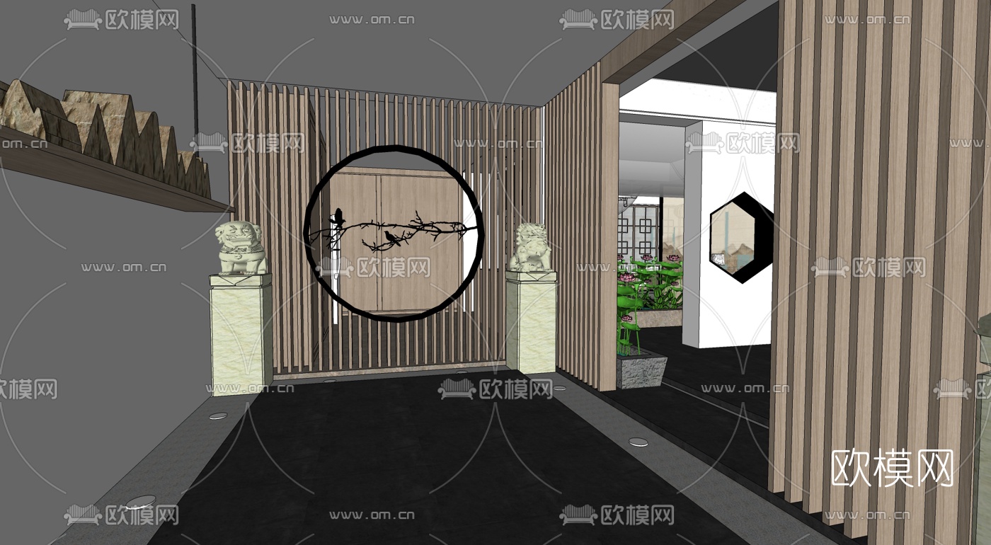 中式会所会客室su模型