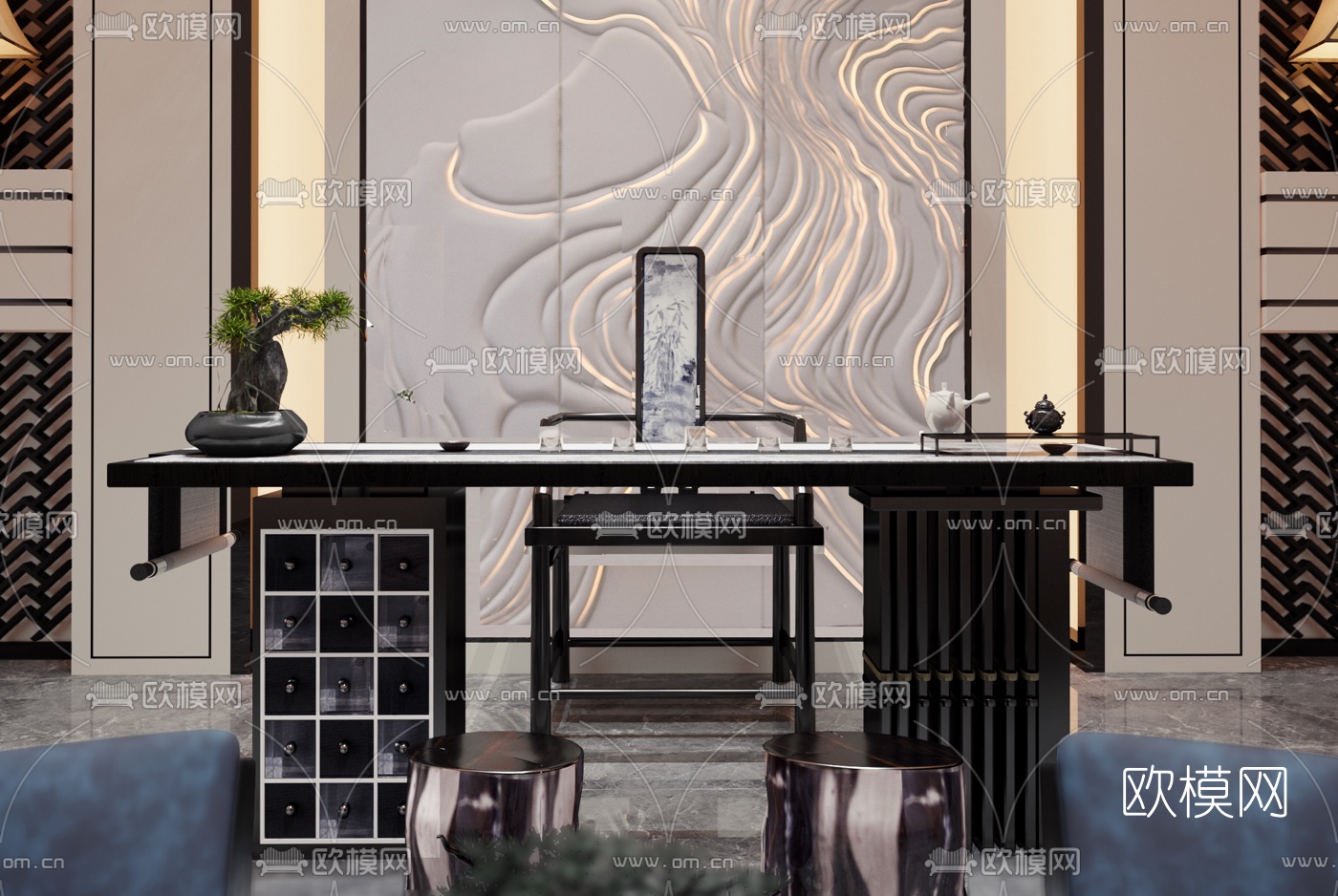 纳沃设计 中式泡茶桌椅组合3D模型下载（渲染图2）