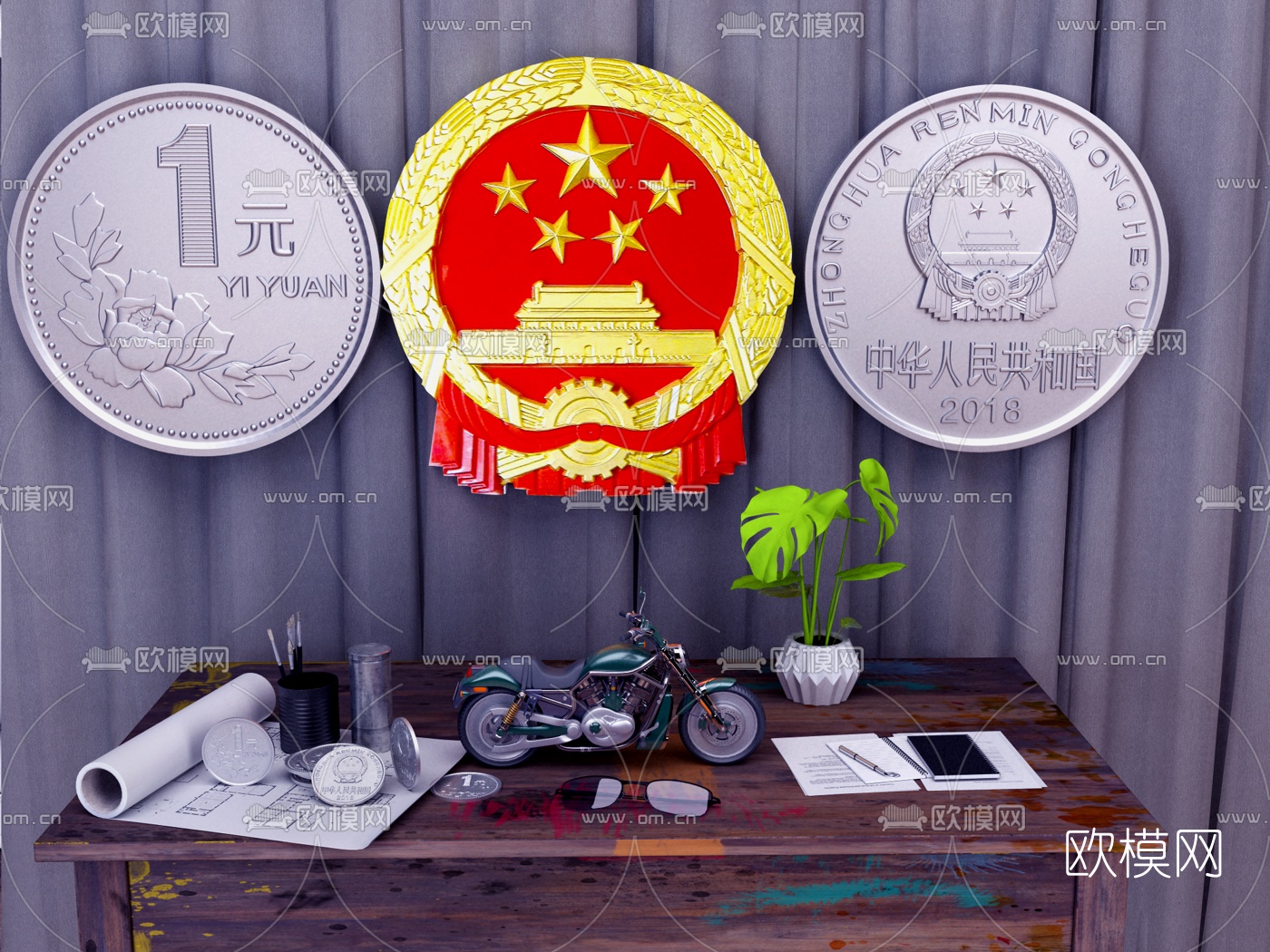 现代实木桌椅国徽硬币摆件组合3D模型