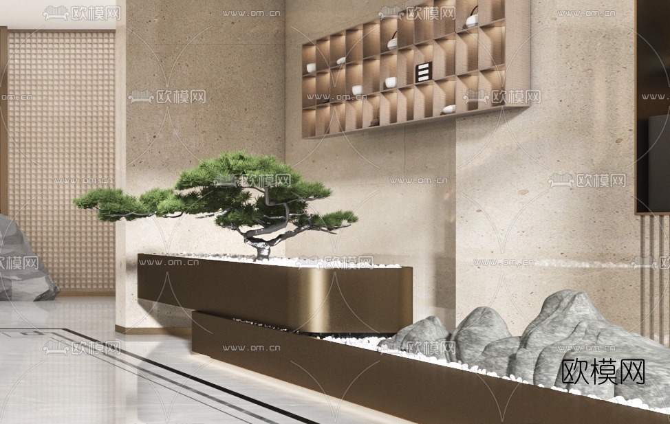 新中式酒店会所中庭3d模型下载（渲染图2）