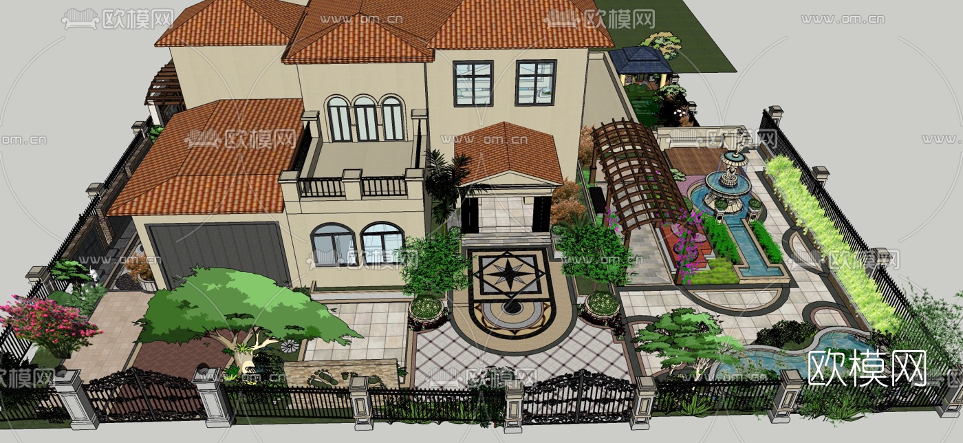 欧式别墅花园su模型下载（渲染图1）