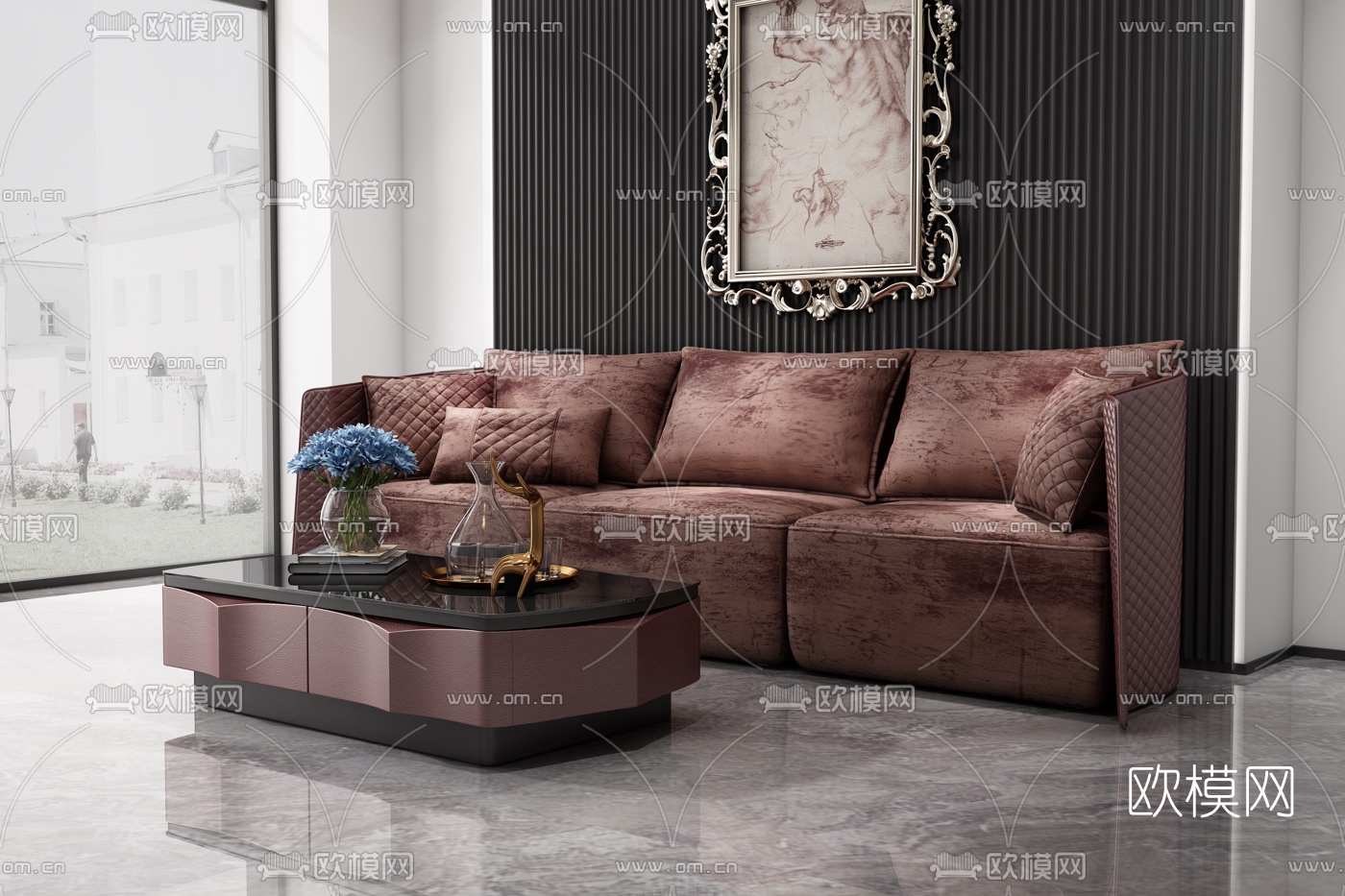 BENTLEY 后现代多人沙发茶几挂画组合3D模型下载（渲染图1）