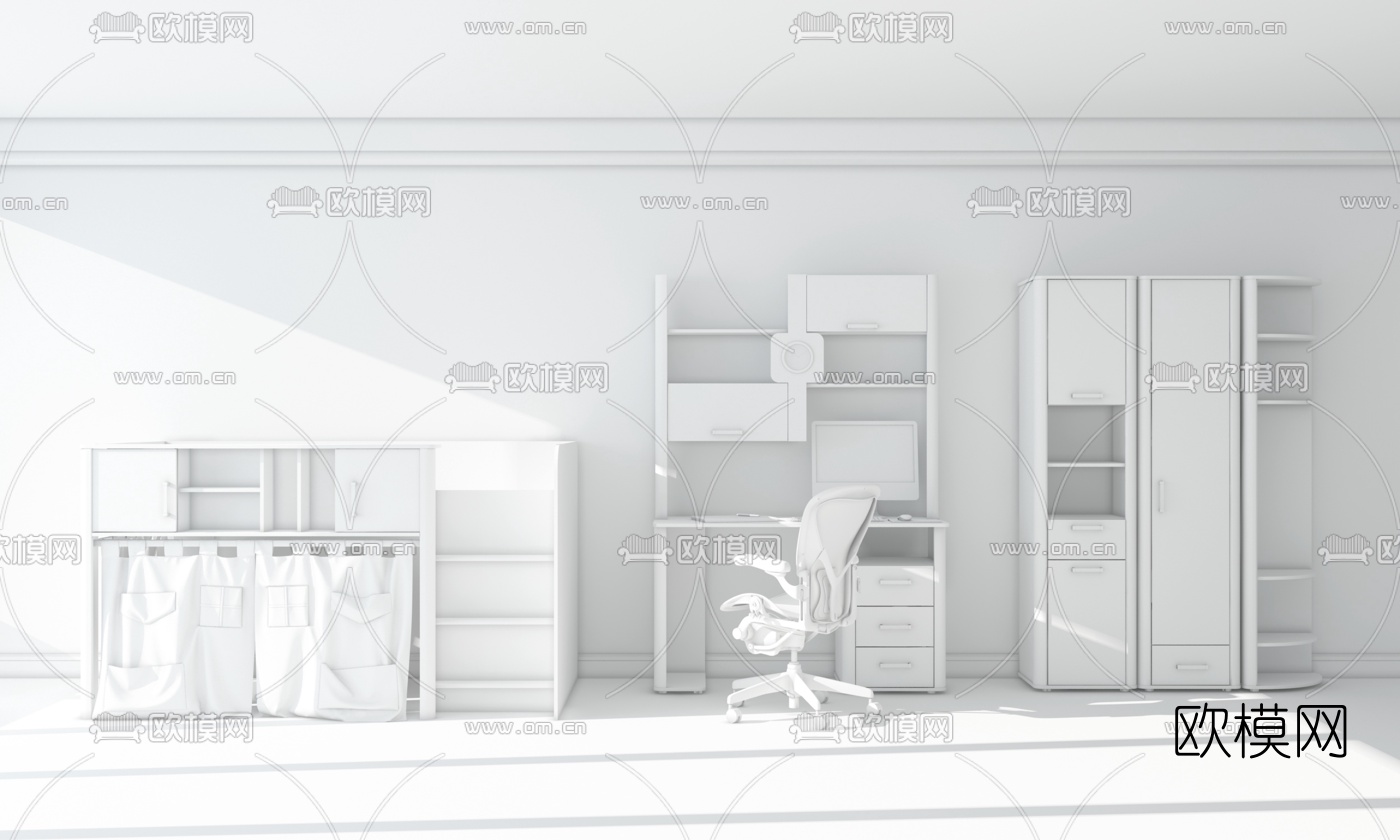 现代儿童床书桌衣柜组合3D模型下载（渲染图2）