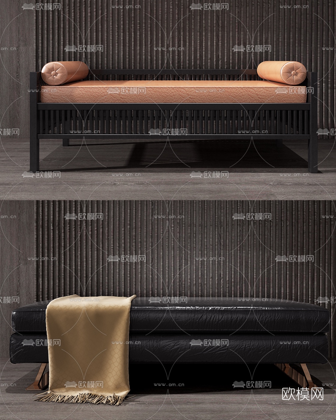 现代皮革脚踏组合3D模型下载（渲染图1）