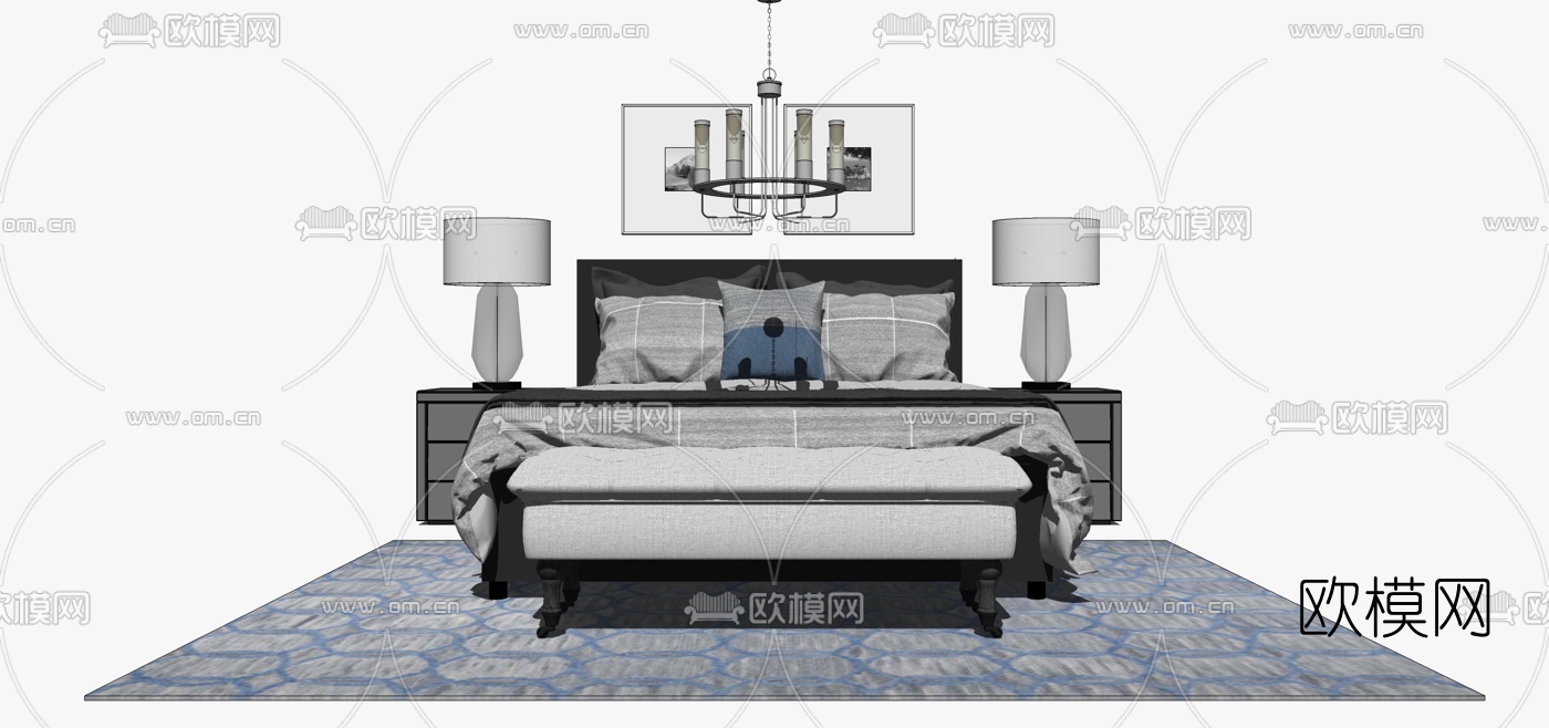现代双人床组合su模型下载（渲染图1）