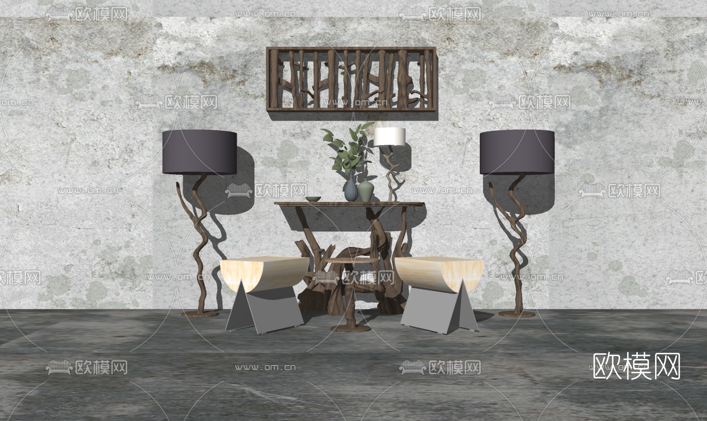 自然风端景条案组合su模型下载（渲染图1）