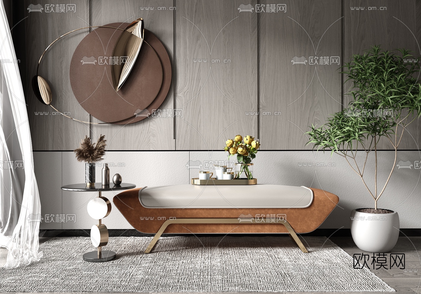 现代轻奢沙发凳床尾凳su模型下载（渲染图1）