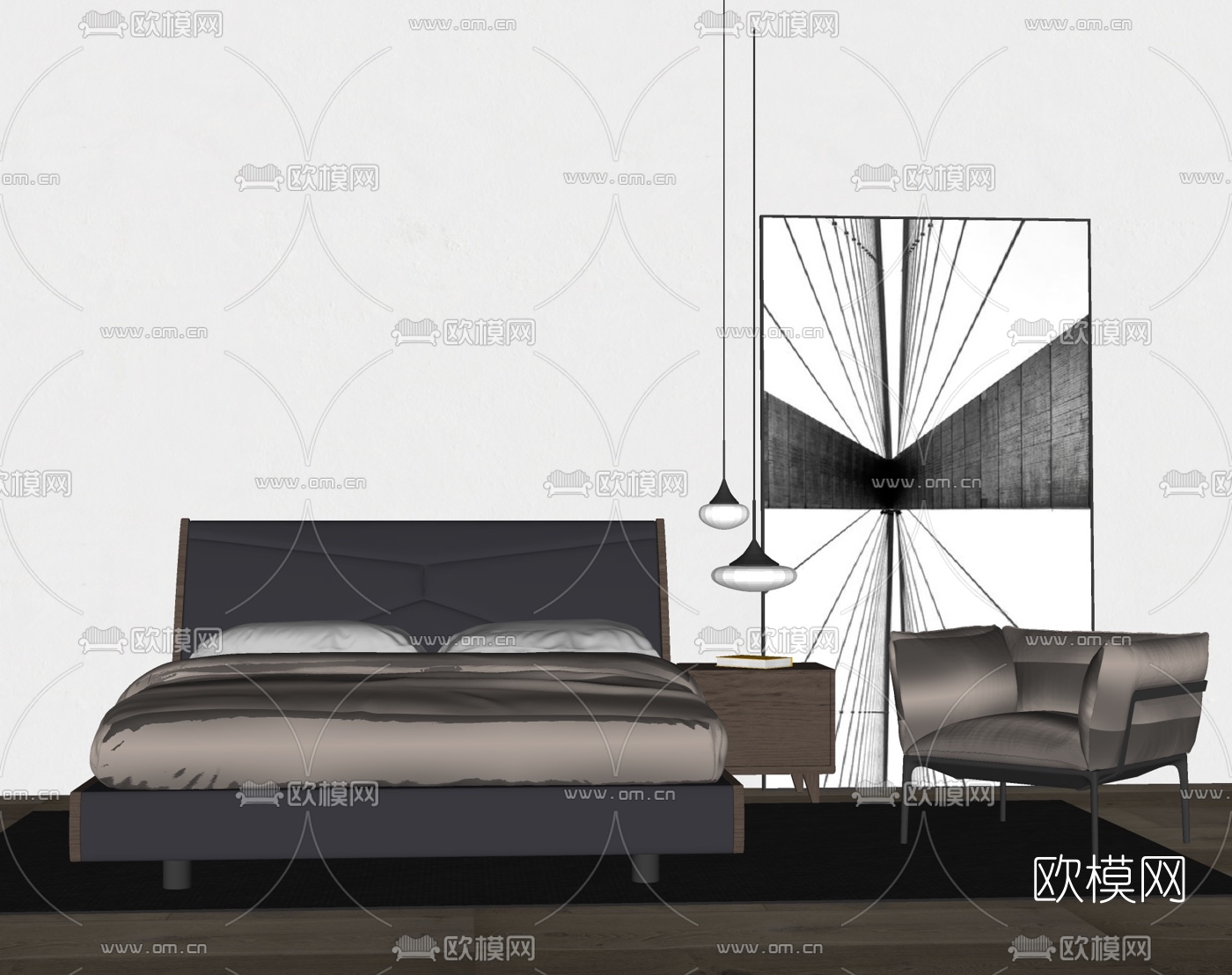 北欧双人床su模型下载（渲染图1）