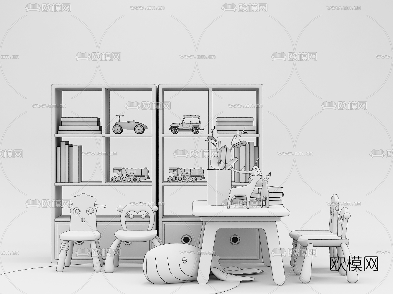 现代实木儿童书桌椅书架书籍组合3D模型下载（渲染图3）