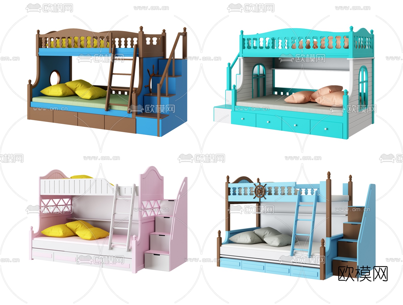 欧式实木儿童上下铺床3d模型下载