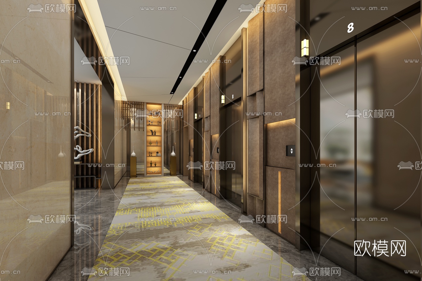 现代酒店电梯厅3d模型下载