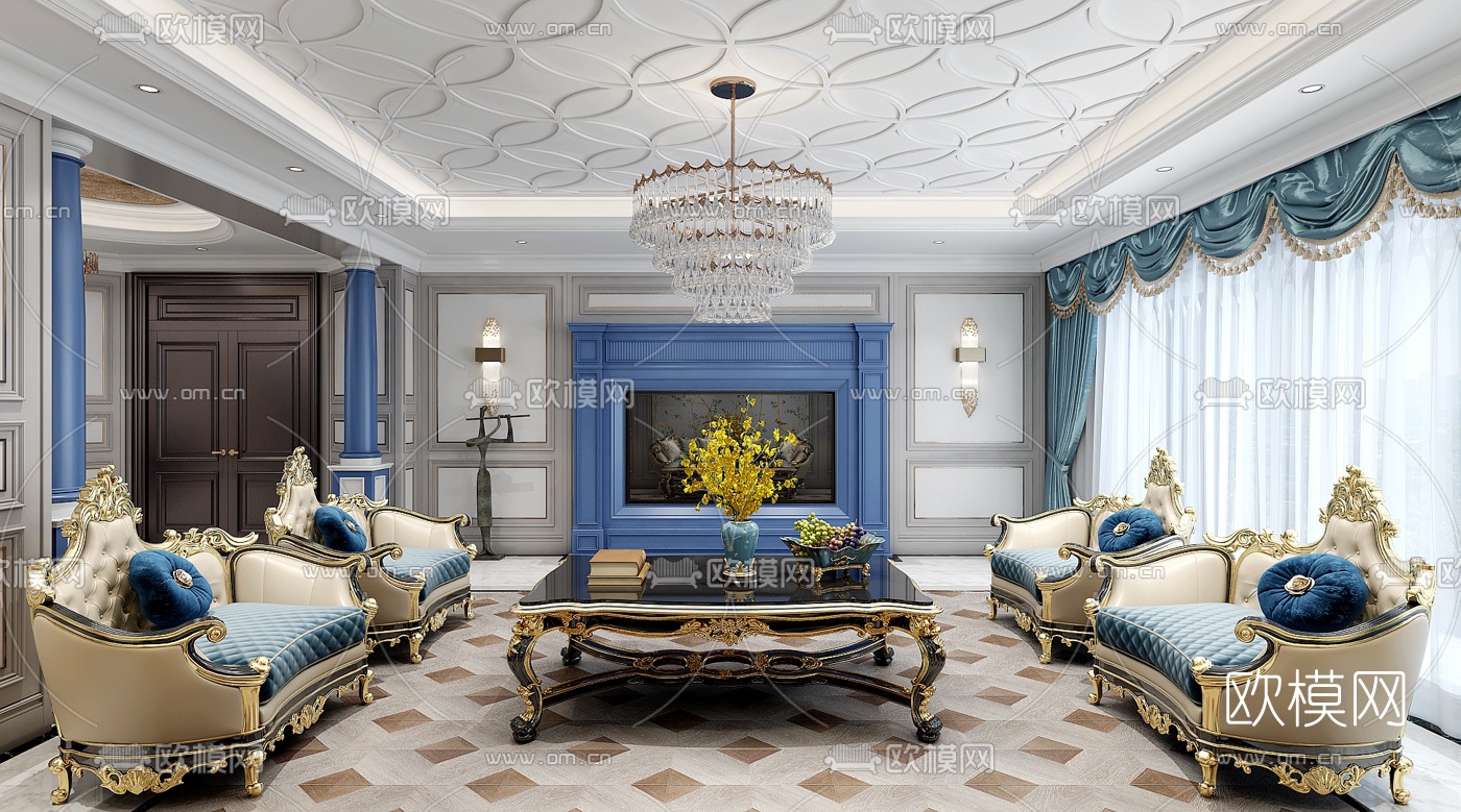 新古典客厅3d模型下载（渲染图3）