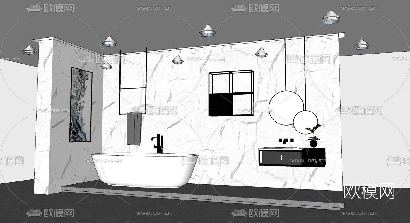 现代浴缸洗手台su模型下载（渲染图1）