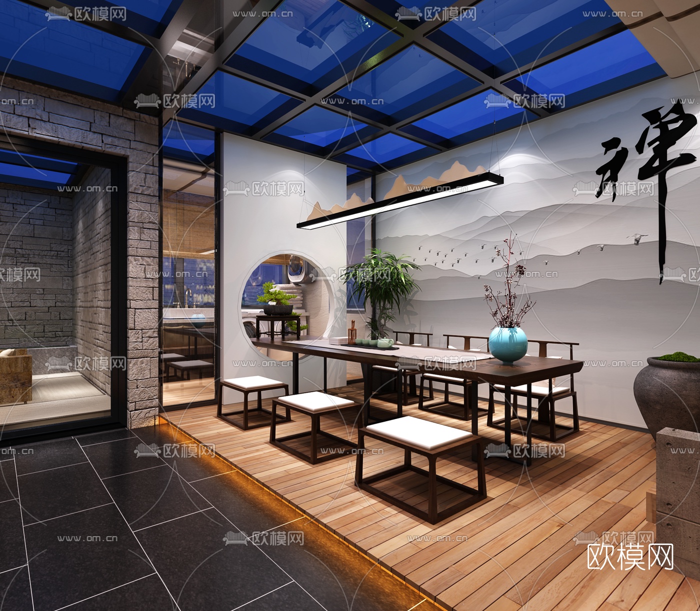 新中式禅意茶室3D模型-免费3dmax模型库-欧模网