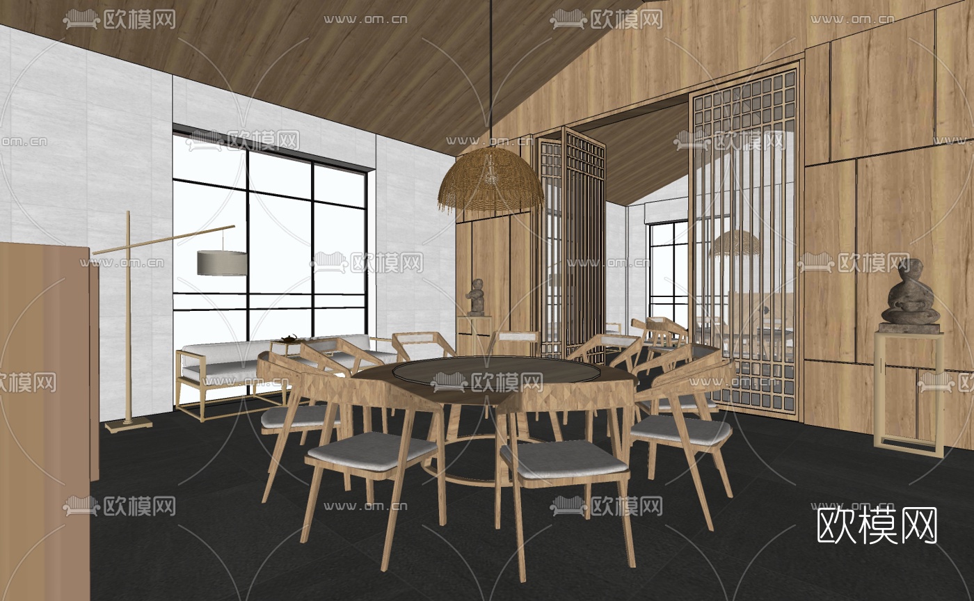 新中式餐厅包房su模型下载