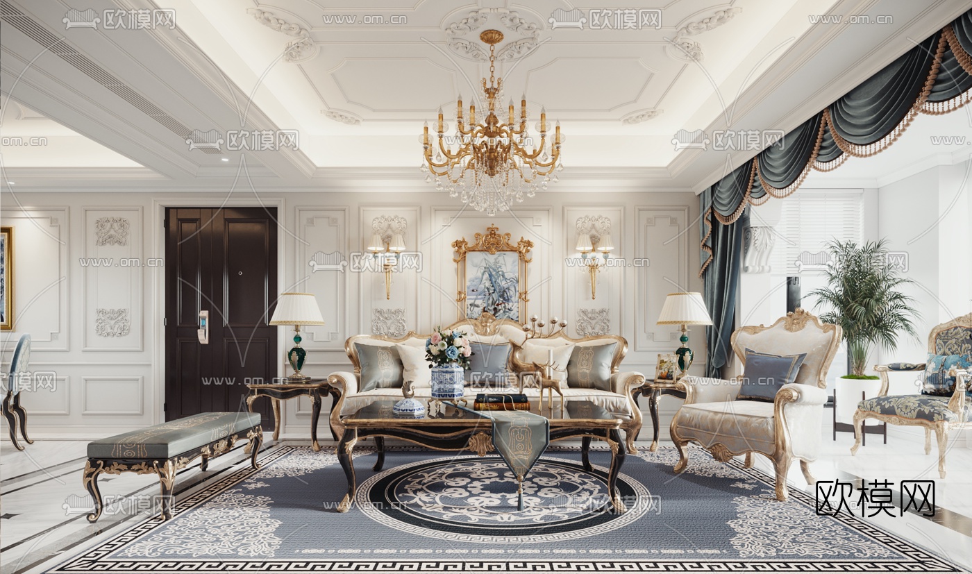 欧式客厅餐厅3d模型下载（渲染图1）