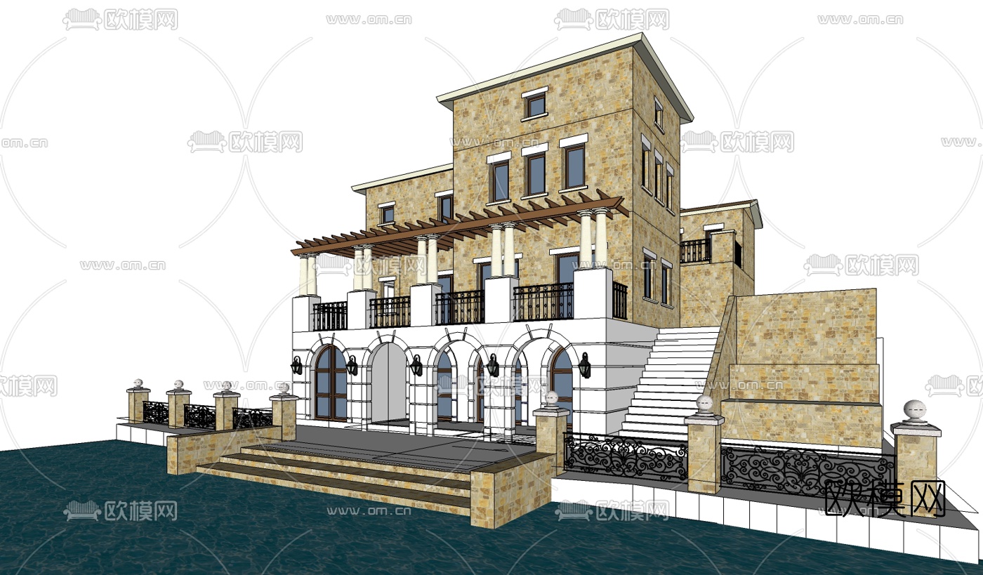 欧式独栋别墅su模型下载（渲染图3）