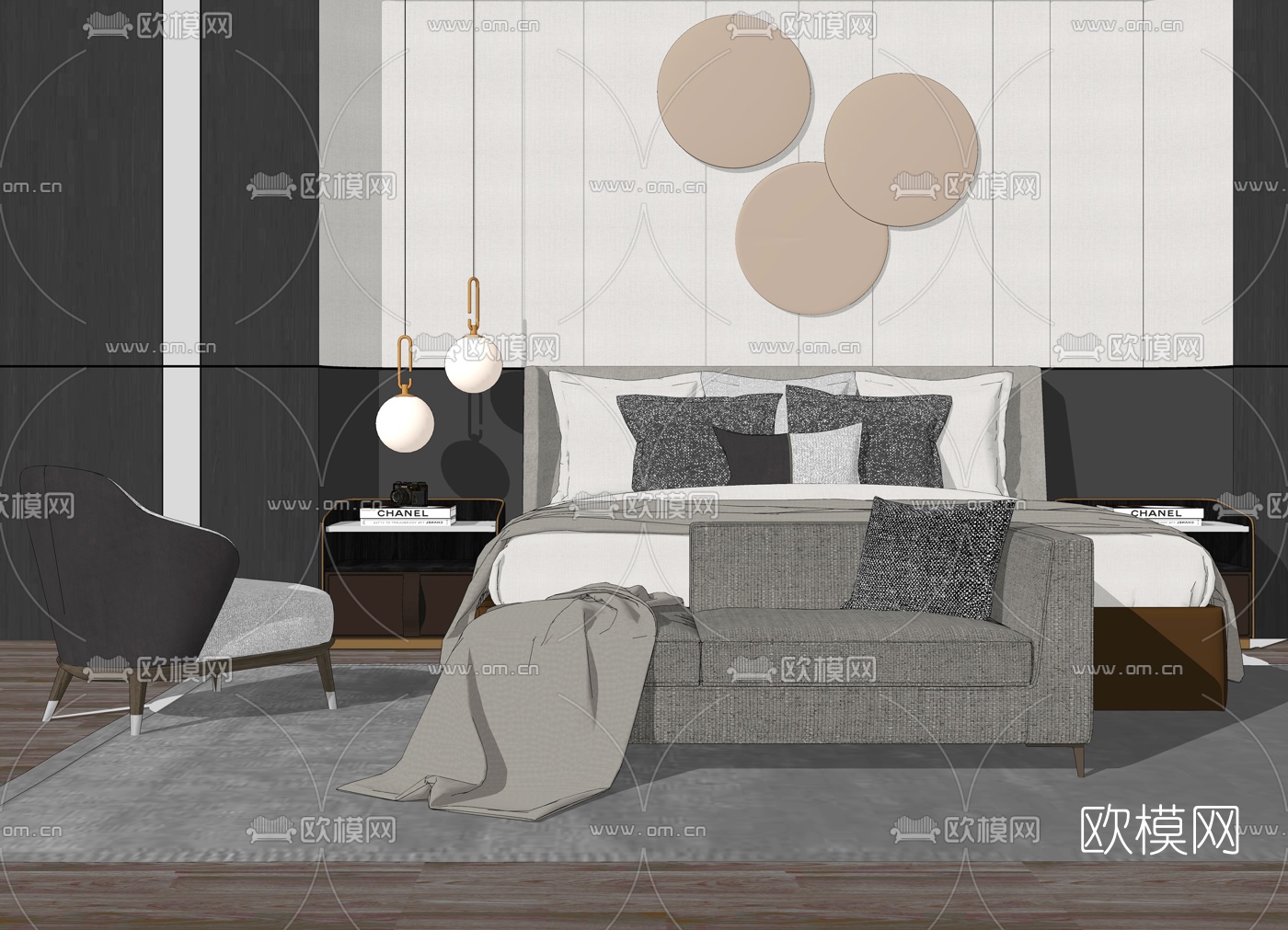 现代双人床su模型下载