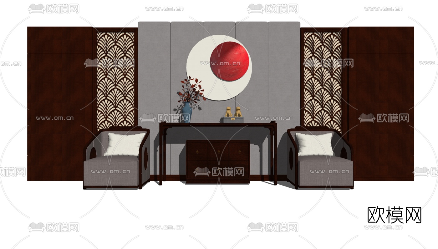 新中式端景条案边柜组合su模型