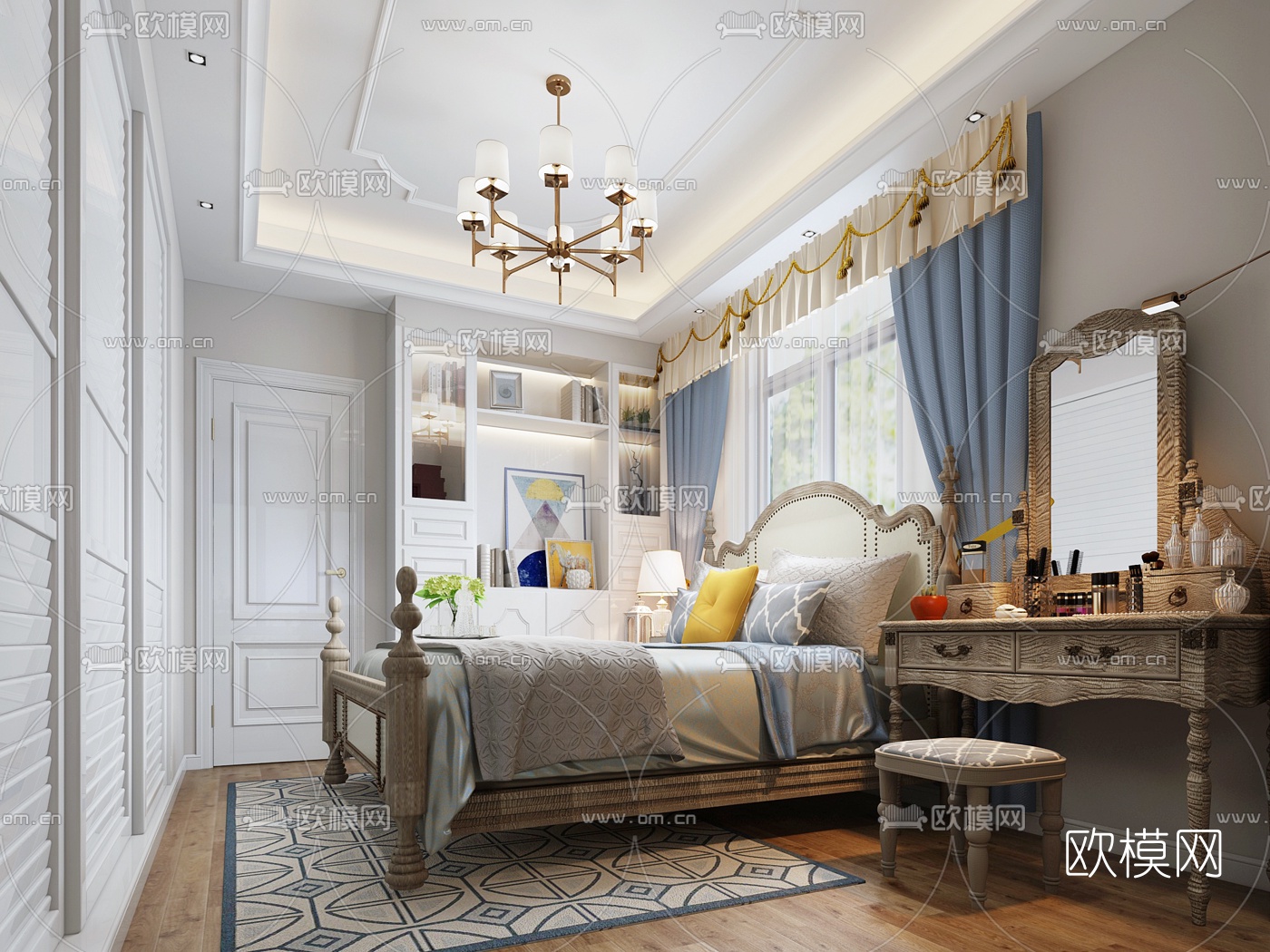 美式主人房卧室组合3D模型下载（渲染图1）