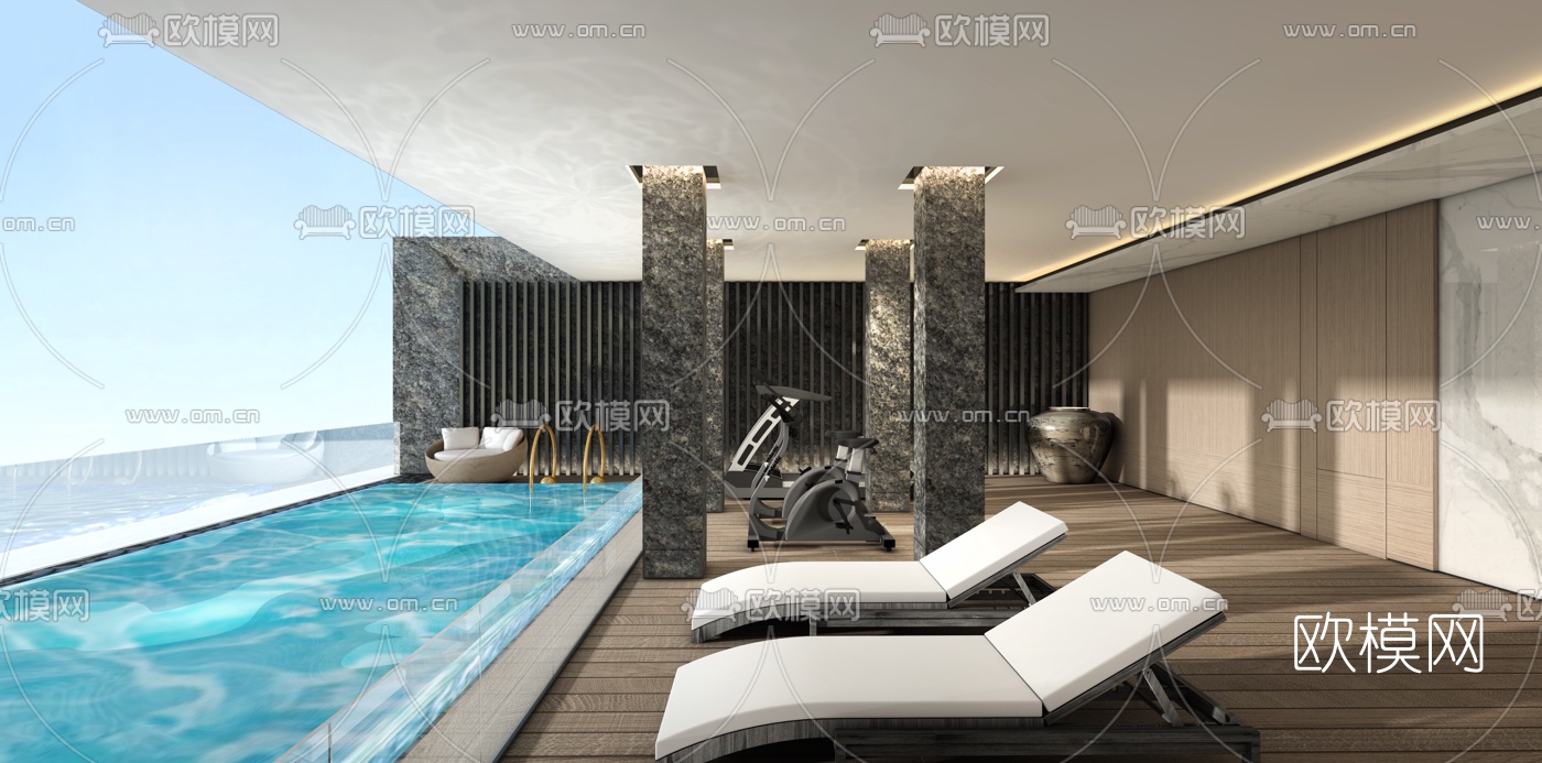 新中式会所泳池su模型下载（渲染图1）