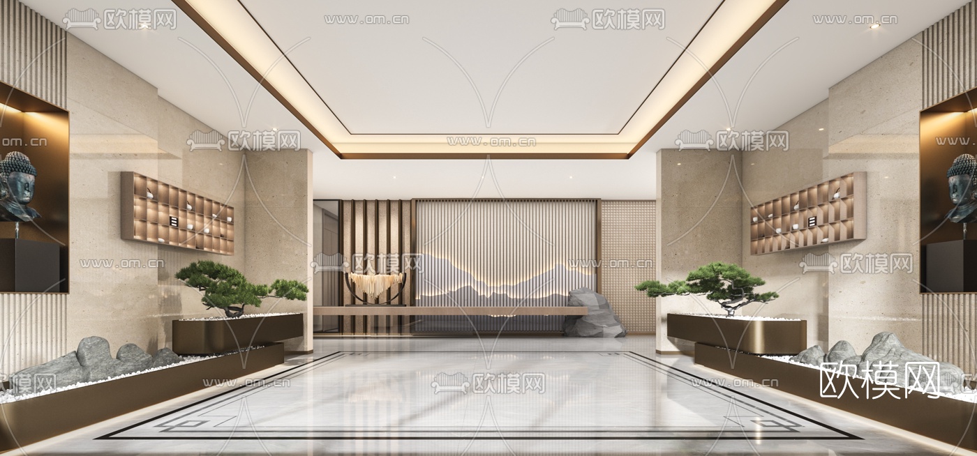 新中式酒店会所中庭3d模型下载（渲染图1）