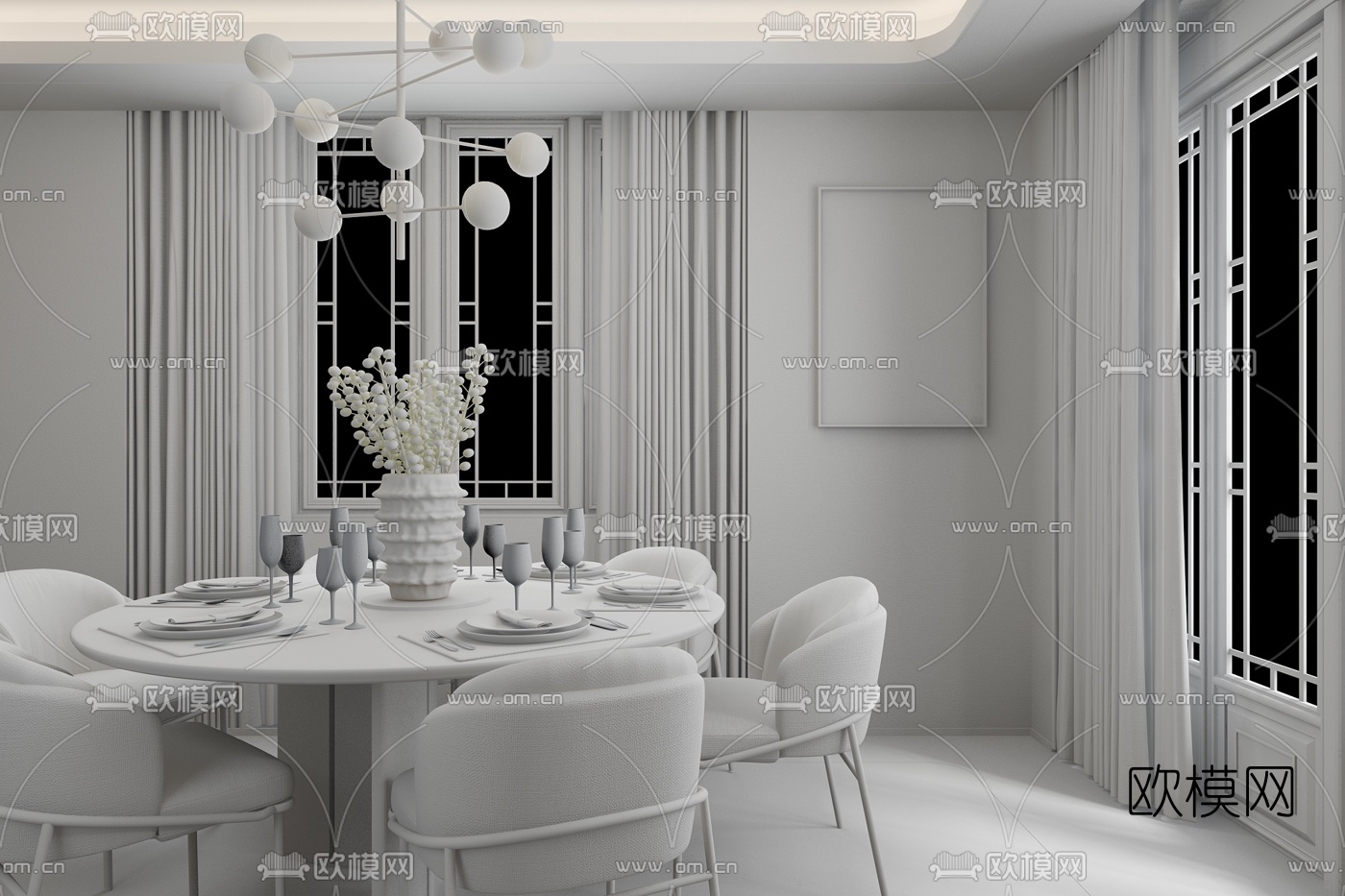 葛亚曦设计 现代圆形大理石餐桌椅3d模型下载（渲染图2）