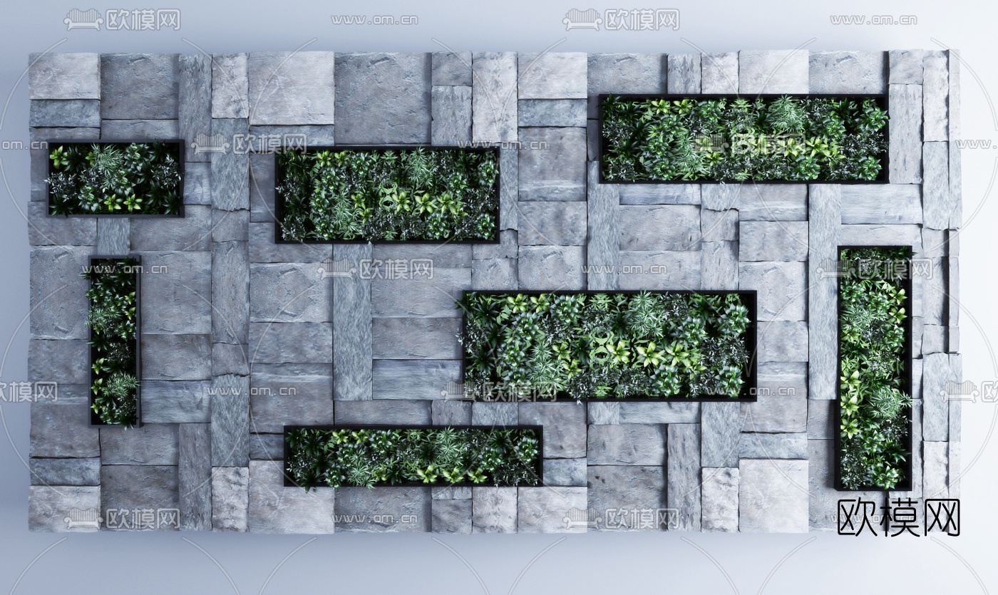 自然风毛石绿植背景墙3d模型