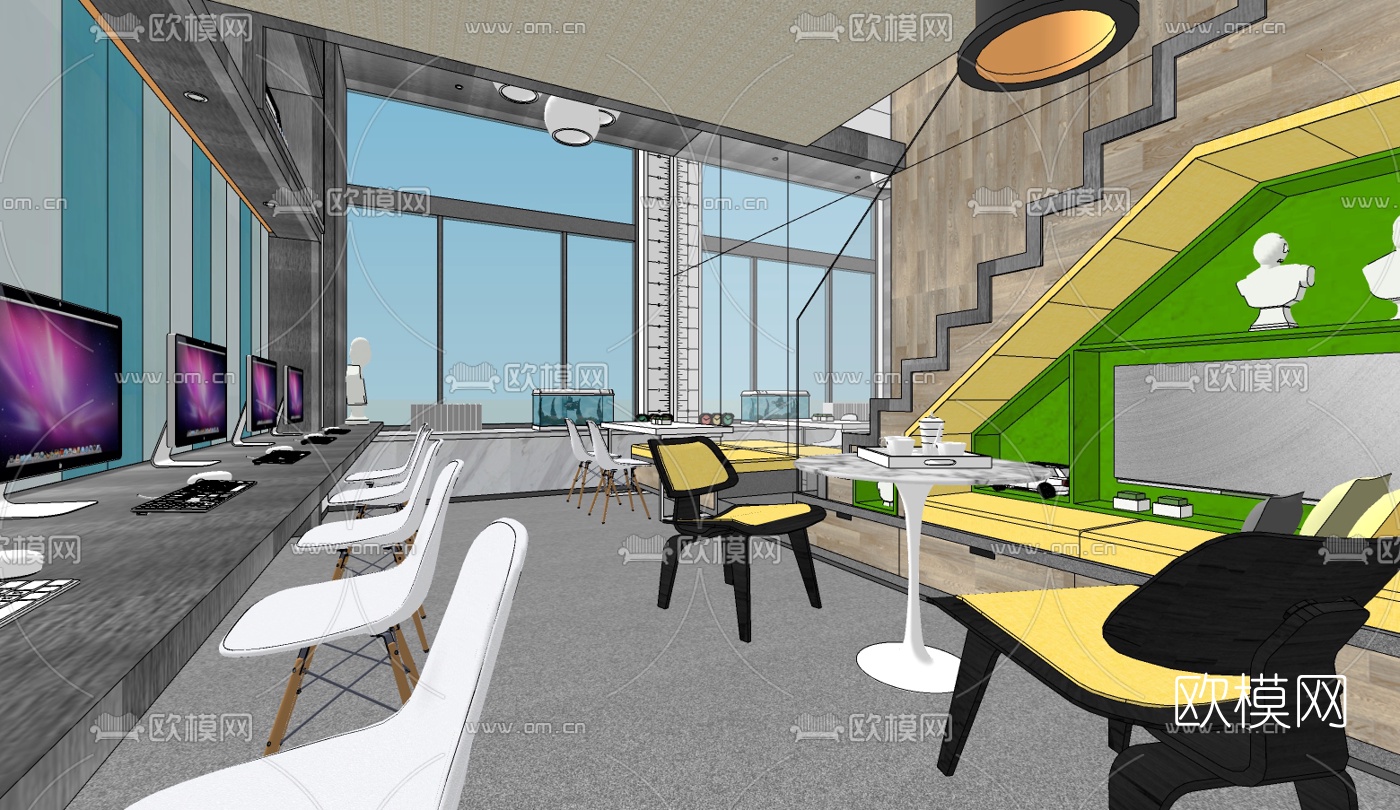 现代办公区免费su模型下载（渲染图1）