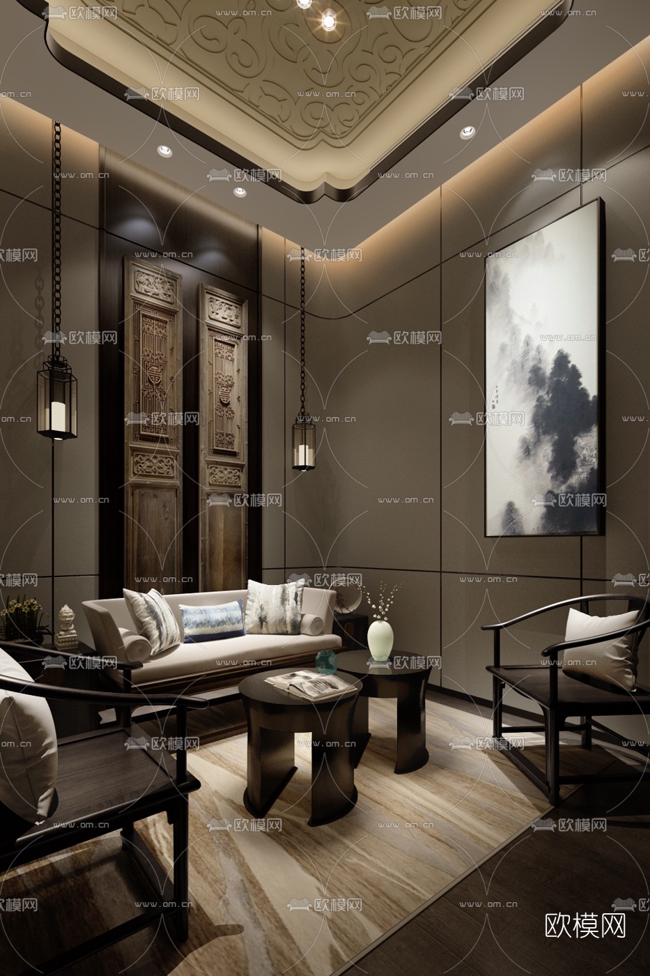 昊泽空间 中式沙发组合3D模型下载（渲染图1）