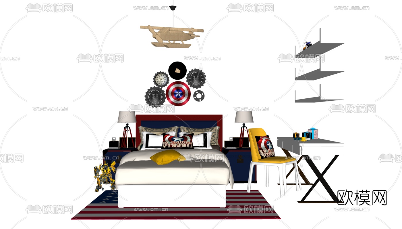 现代儿童床书桌组合su模型下载（渲染图1）