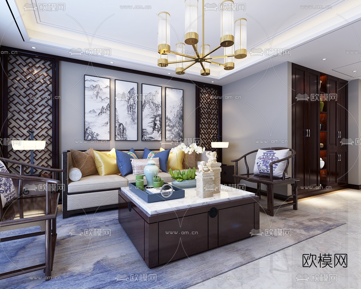 中式客厅餐厅走廊3D模型下载（渲染图1）