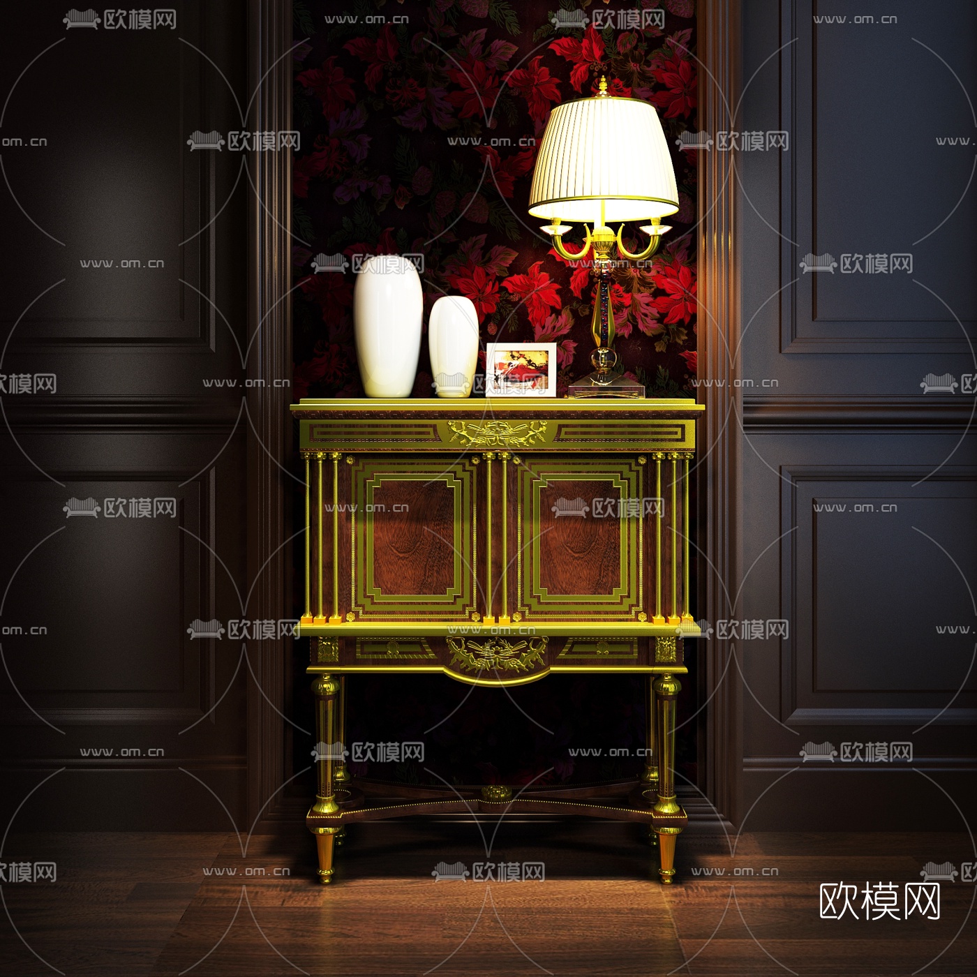 欧式古典金箔玄关端景柜台灯摆件3D模型下载（渲染图1）