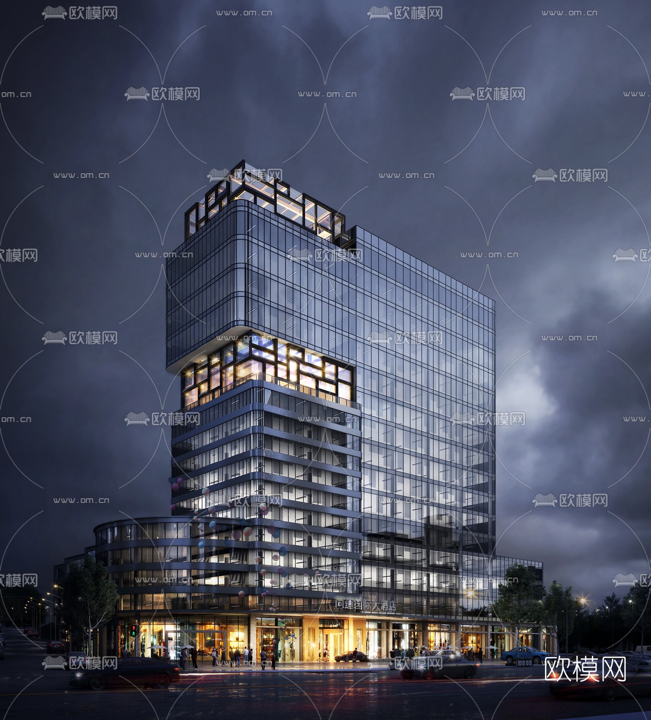 现代高层办公楼外观夜景3d模型下载