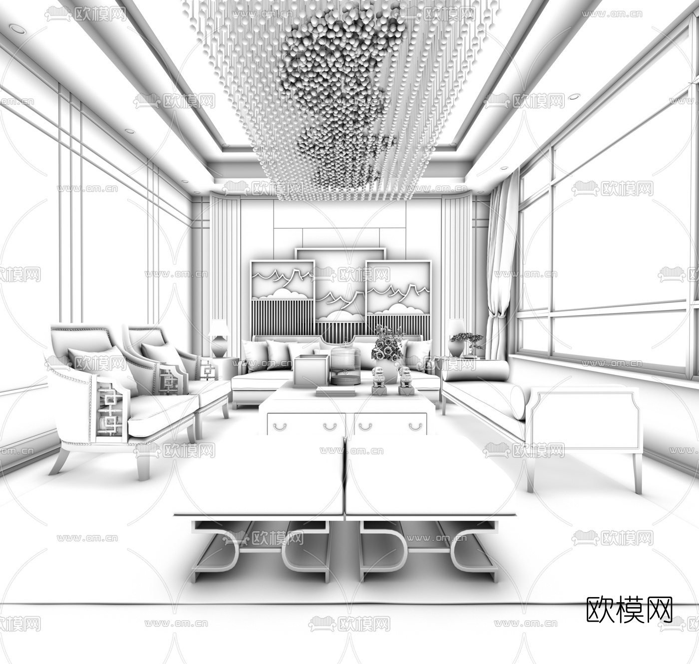 柏舍设计新中式客厅3D模型