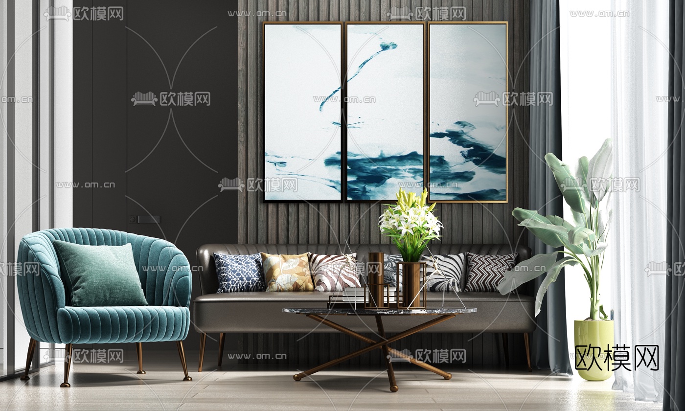 现代轻奢多人沙发茶几3d模型下载