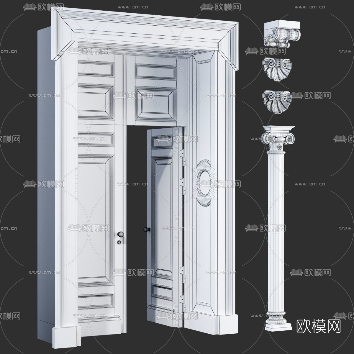 欧式古典原木双开门罗马柱3d模型下载（渲染图2）