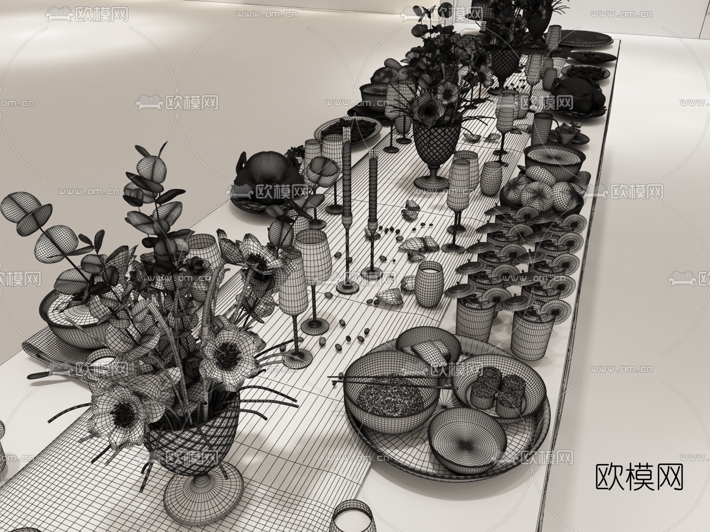 现代酒店西餐厅长桌食物3d模型