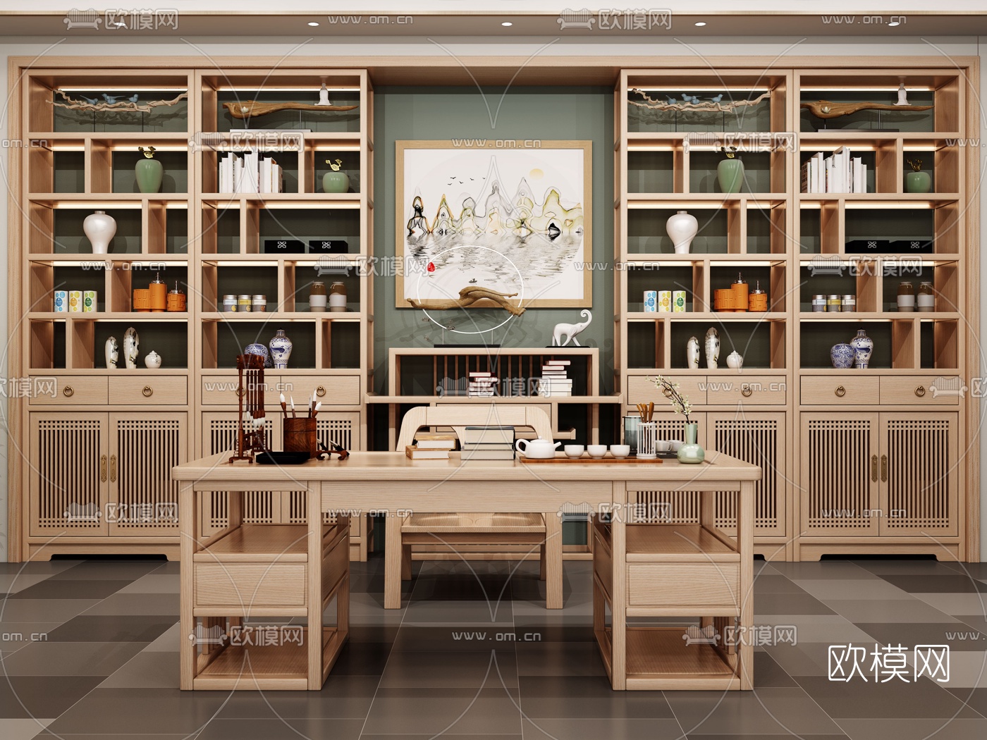 中式实木博古架书桌3d模型下载（渲染图1）
