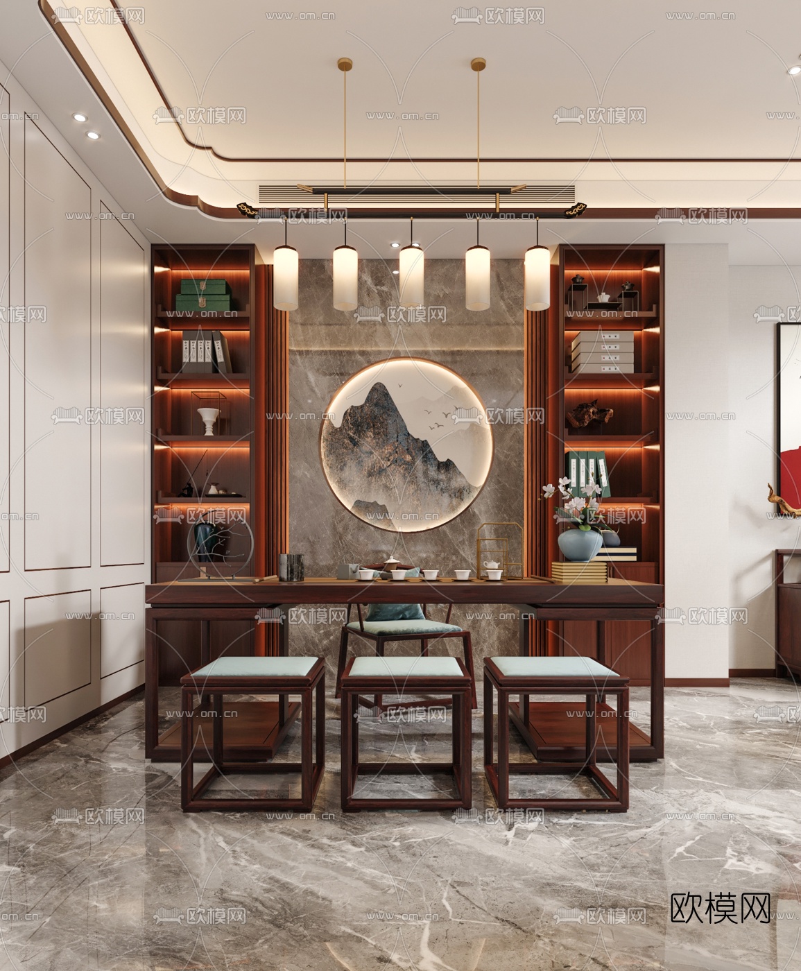 中式客厅餐厅3d模型下载（渲染图5）