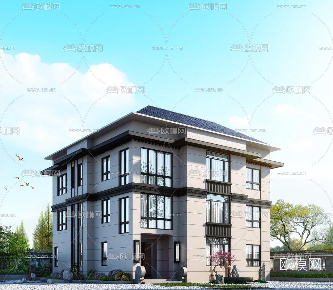 新中式别墅外观3d模型下载