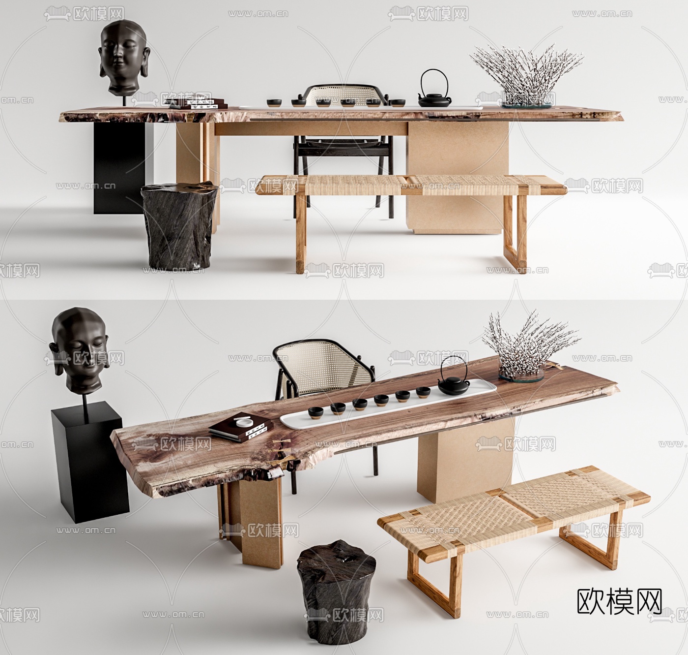 新中式实木茶桌椅su模型