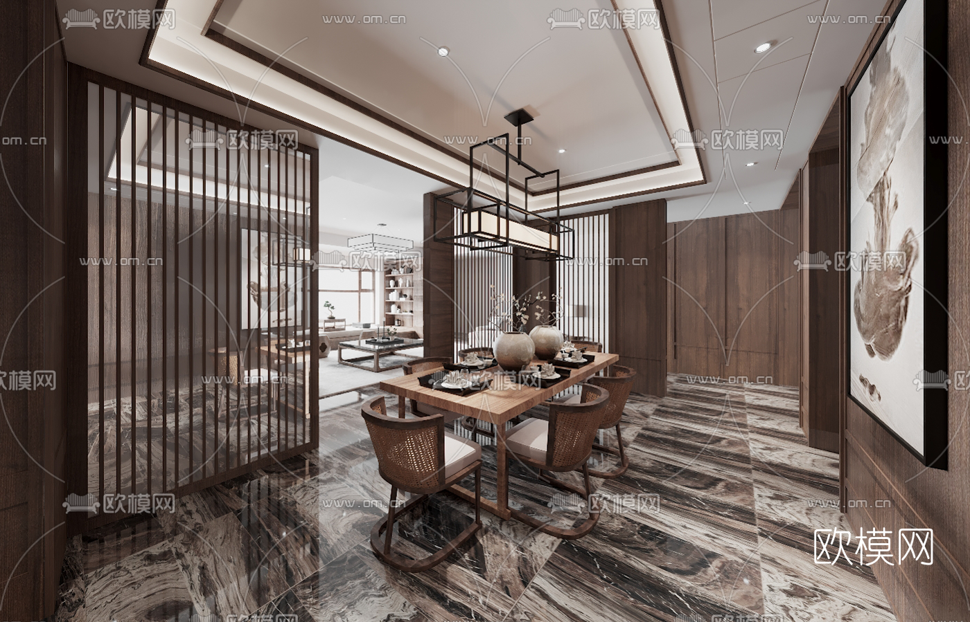 戴勇新中式客厅餐厅3D模型