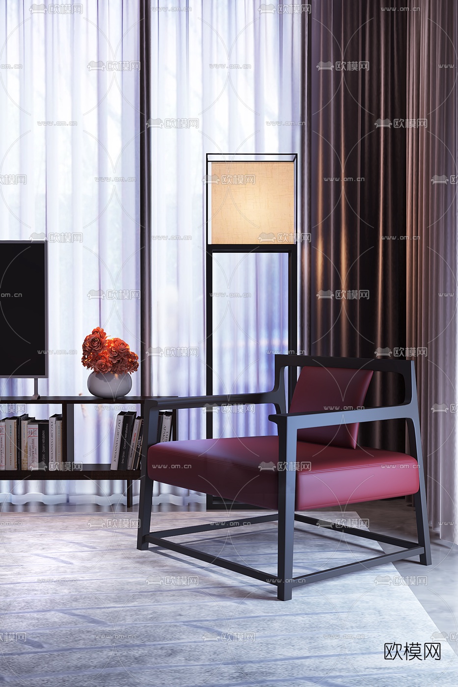 胡中维设计新中式休闲椅落地灯组合3D模型下载（渲染图1）