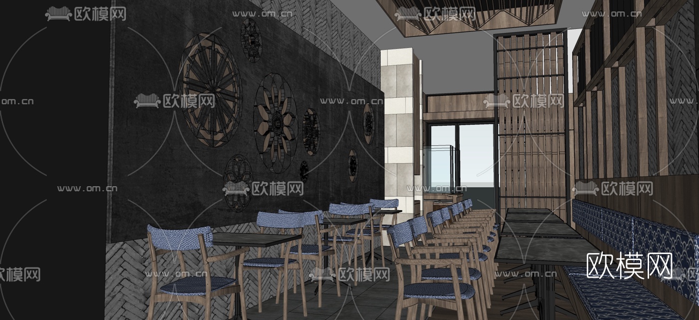 新中式餐厅su模型下载（渲染图1）