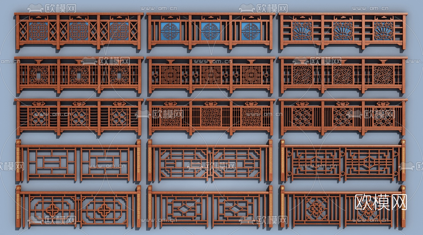 新中式实木栏杆护栏3d模型