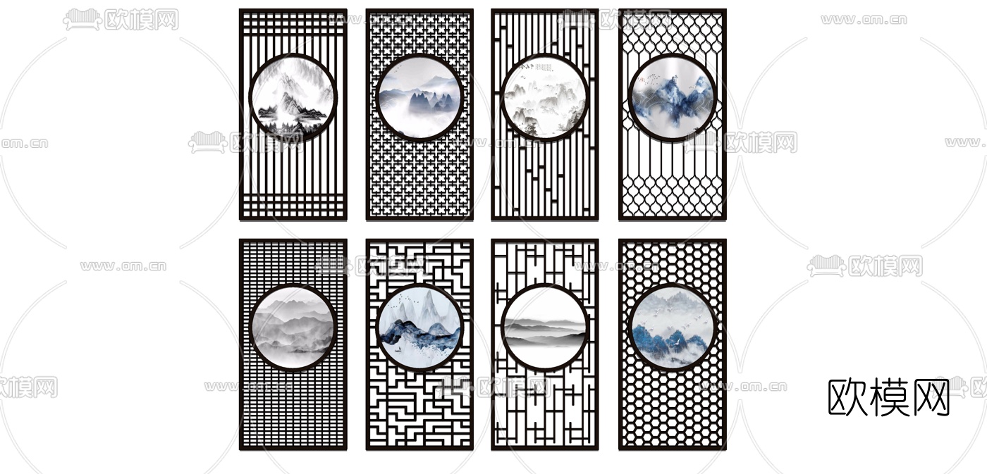 中式实木隔断屏风组合su模型下载