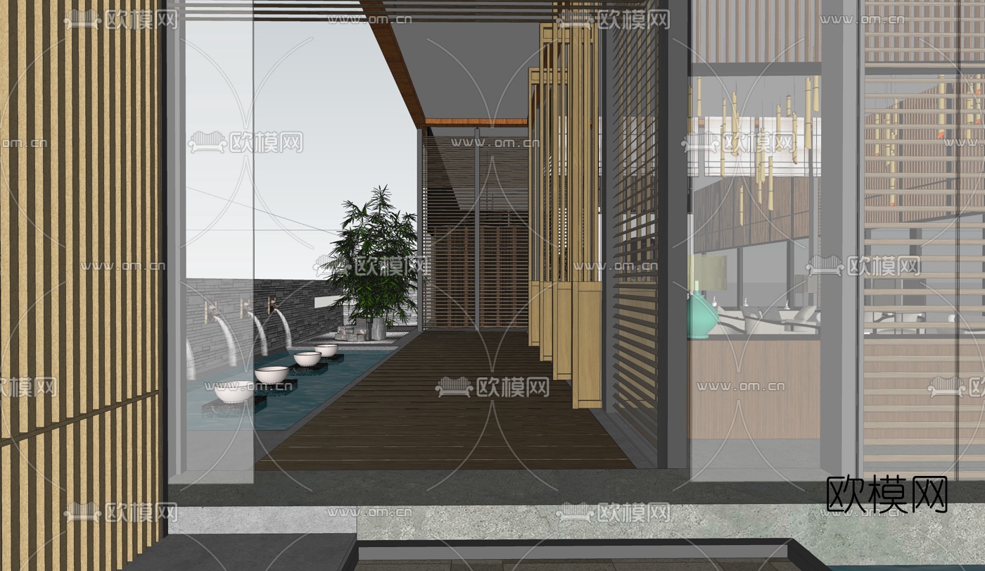 中式禅意会所大堂su模型下载（渲染图2）