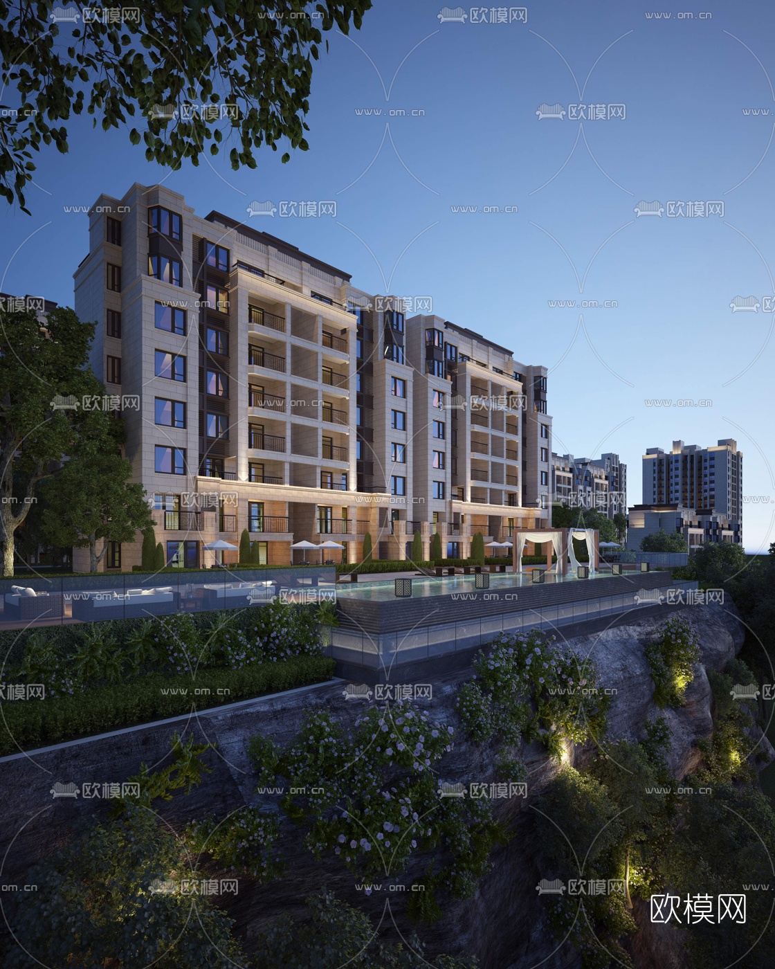 现代住宅小区外观夜景3d模型下载_ID10272861_3dmax免费模型-欧模网